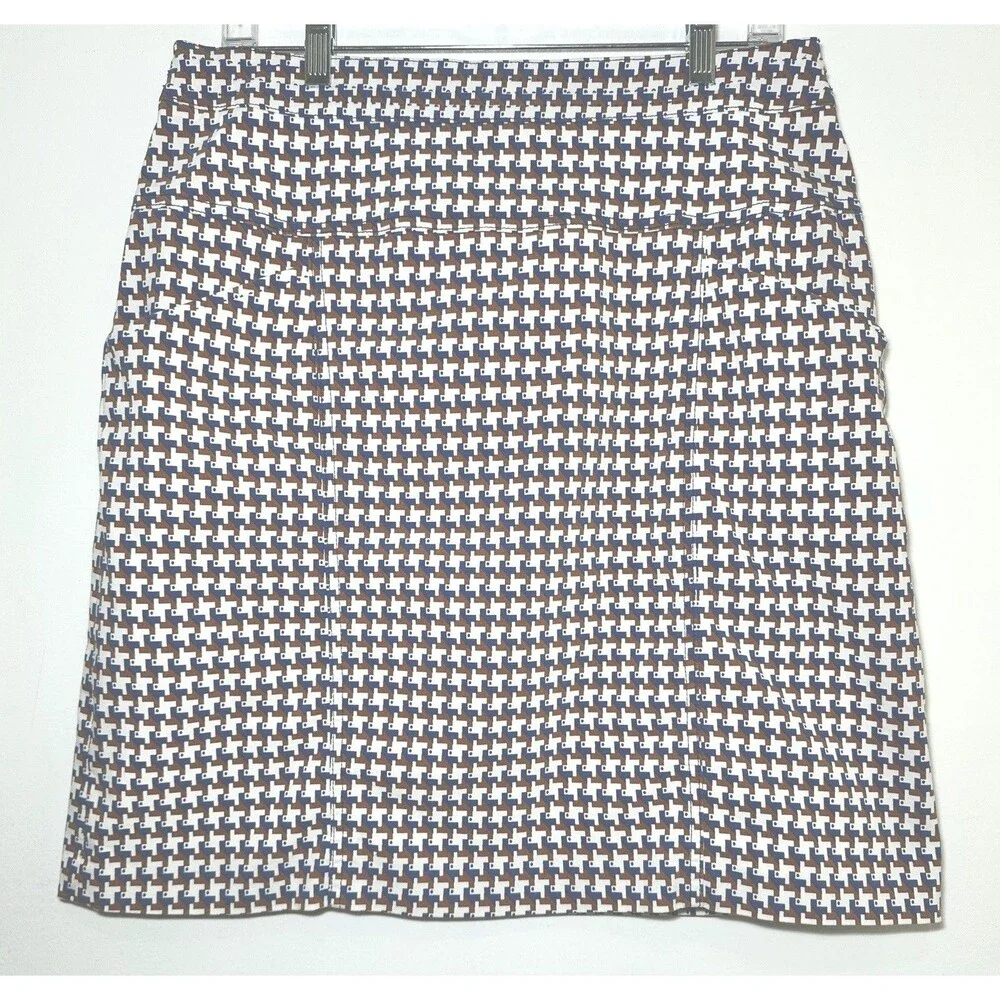 J McLaughlin Blue Brown Geometric Houndstooth Print Knee Length Stretch Skirt 12